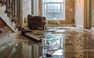 Rooms floor submerged in water, highlighting the extensive water damage to the interior that requires urgent repair and restoration services.