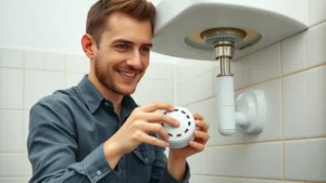 DIY homeowner installing a smart water leak detector in a San Diego bathroom