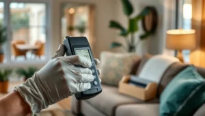 mold inspection using advanced equipment in santee ca home - professional gloved technician with air quality tester and sample kit