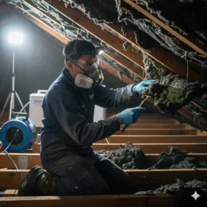 Professional mold remediation technician in San Diego removing contaminated attic insulation using a respirator mask, safety gear, and industrial air scrubbers.
